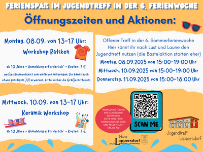 Plakat Jugendtreff: Workshops Batik und Keramik